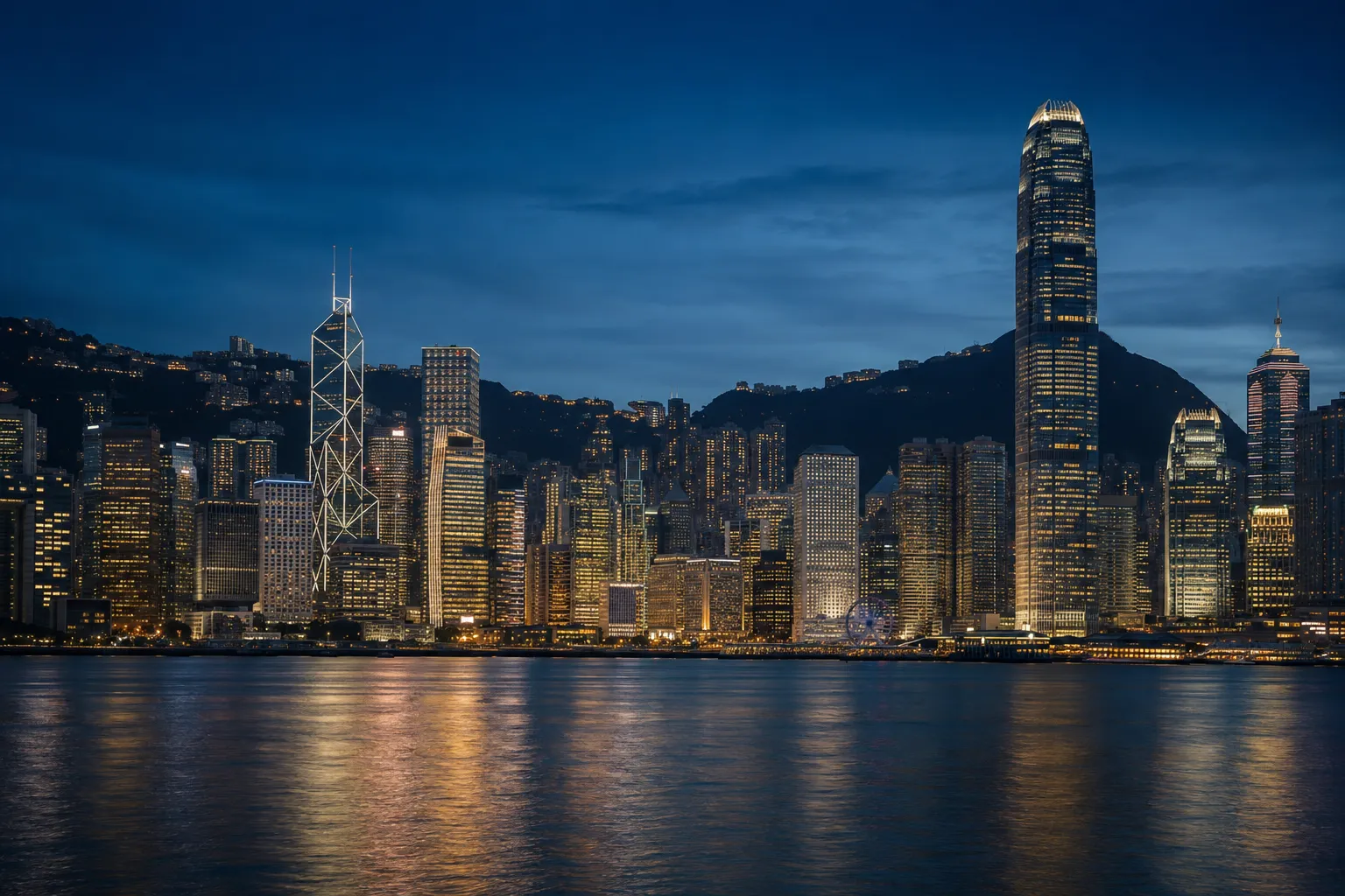 The Hong Kong skyline at golden hour, where bank and residential towers are oriented to the compass