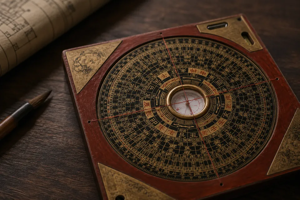 A traditional luo pan feng shui compass resting on a lacquered consultation table