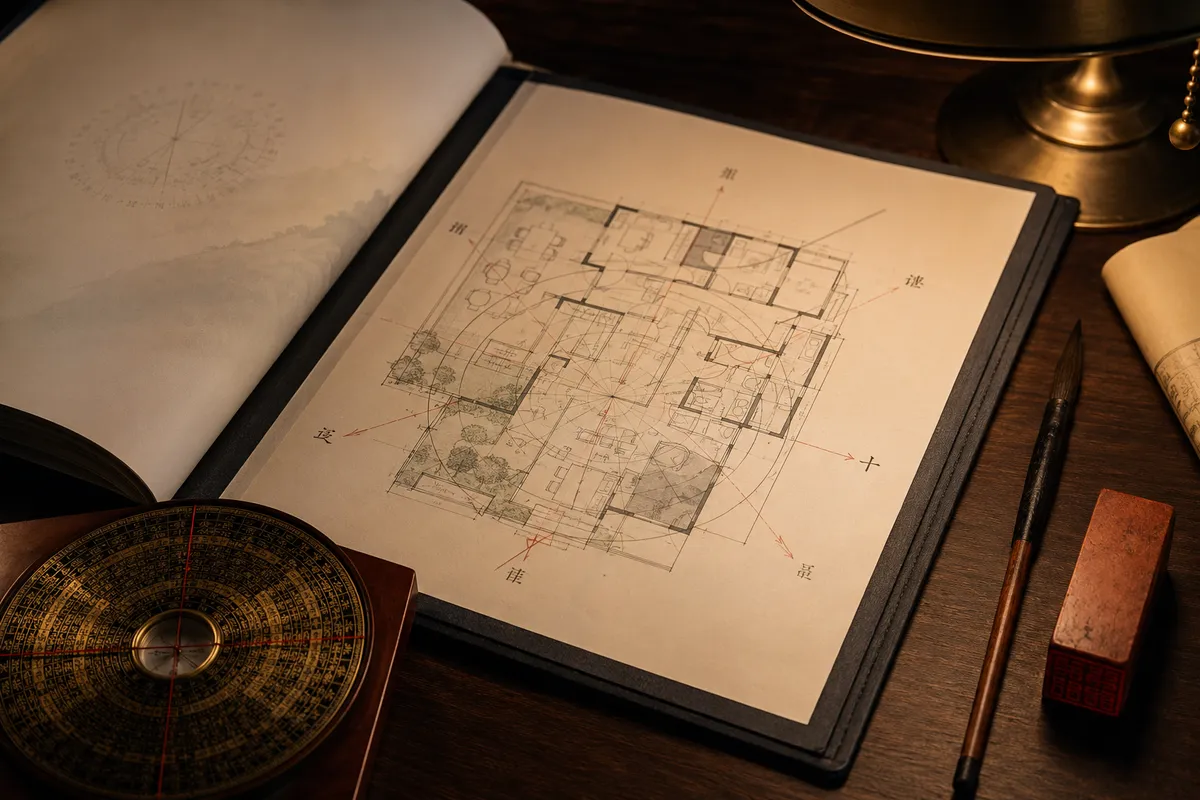 A classical feng shui advisory report with annotated floor plans laid open on the consultation desk